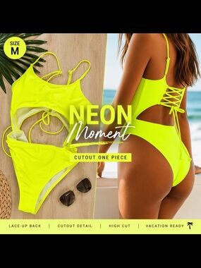 Neon Yellow Cutout Lace-Up One Piece Swimsuit – Size M 💛